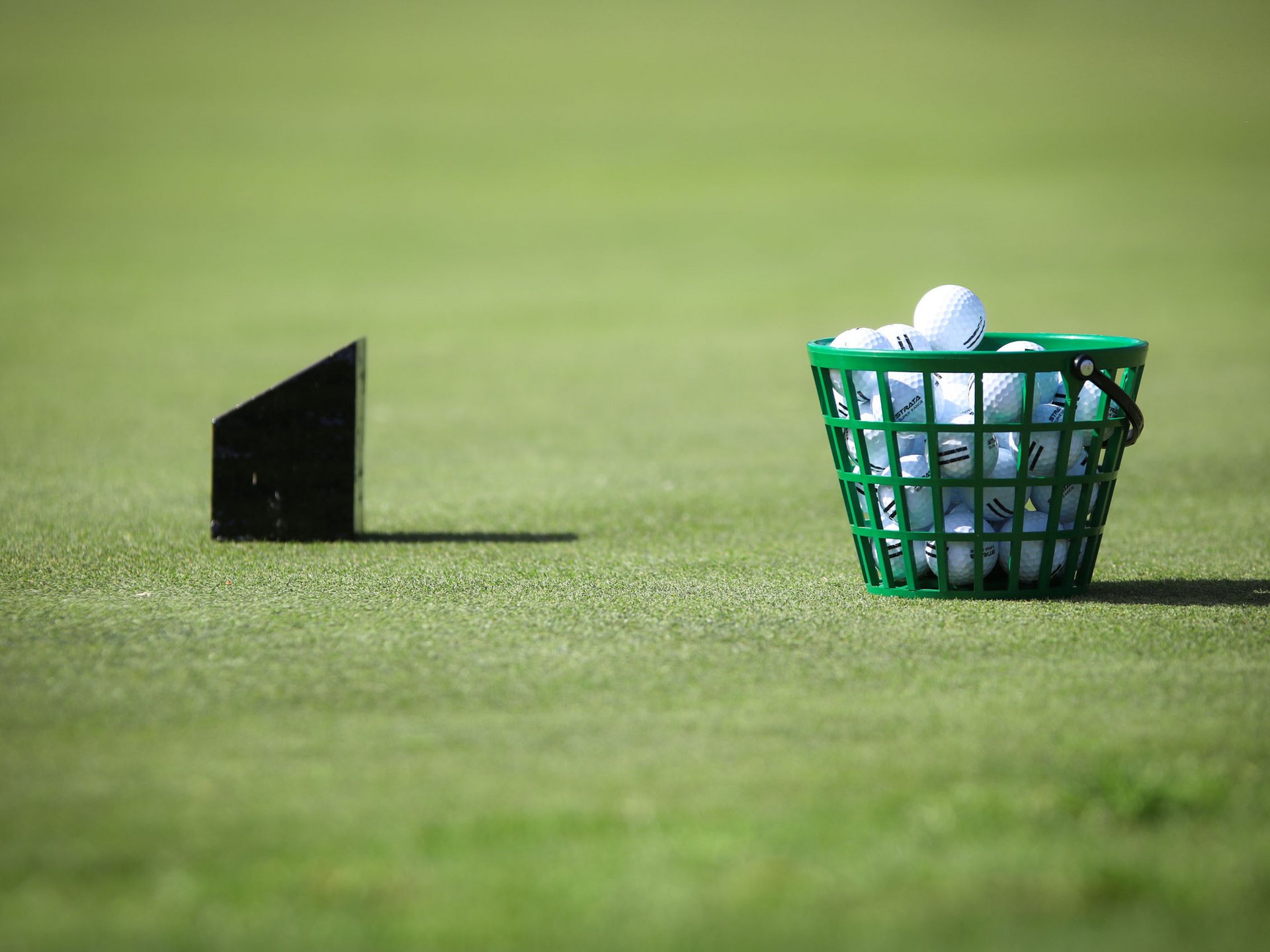 Golfurlaub im Saarland: Unsere Tipps | Seezeitlodge Grüner Korb voller Golfbälle auf Gras mit schwarzem Dartpfeil im Hintergrund