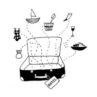Family Nest Open suitcase with vacation and hotel symbols like swimsuit, boat, and food