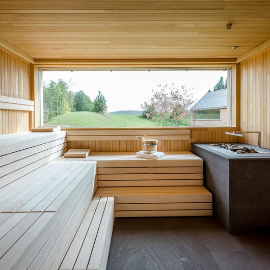 Seezeitlodge: Ihr Wellnesshotel am Bostalsee für pure Erholung Moderner Holzsaunaraum mit großem Fenster und Blick auf Landschaft