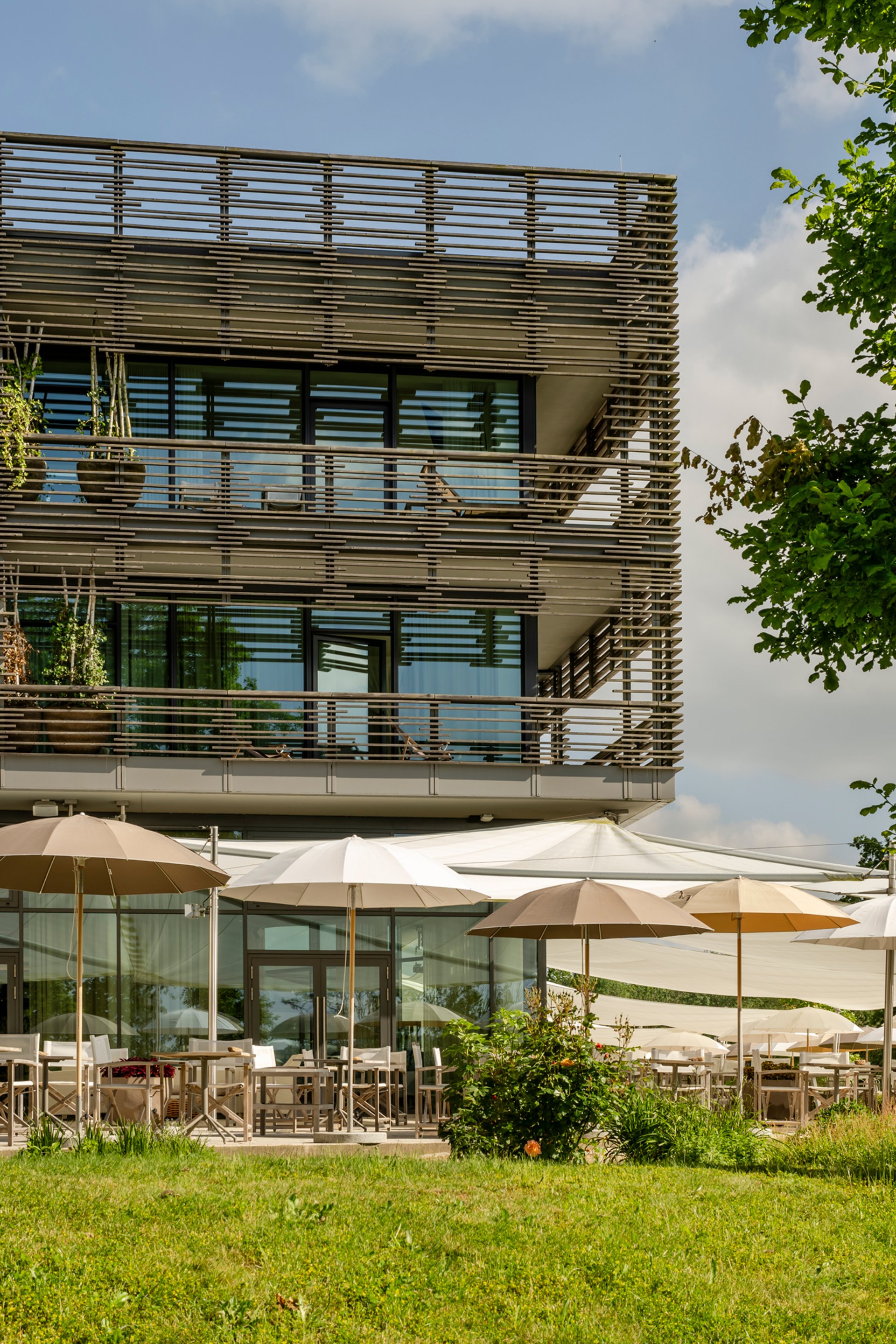 Seezeitlodge: Bildergalerie Modernes Gebäude mit Terrasse und Sonnenschirmen im Grünen