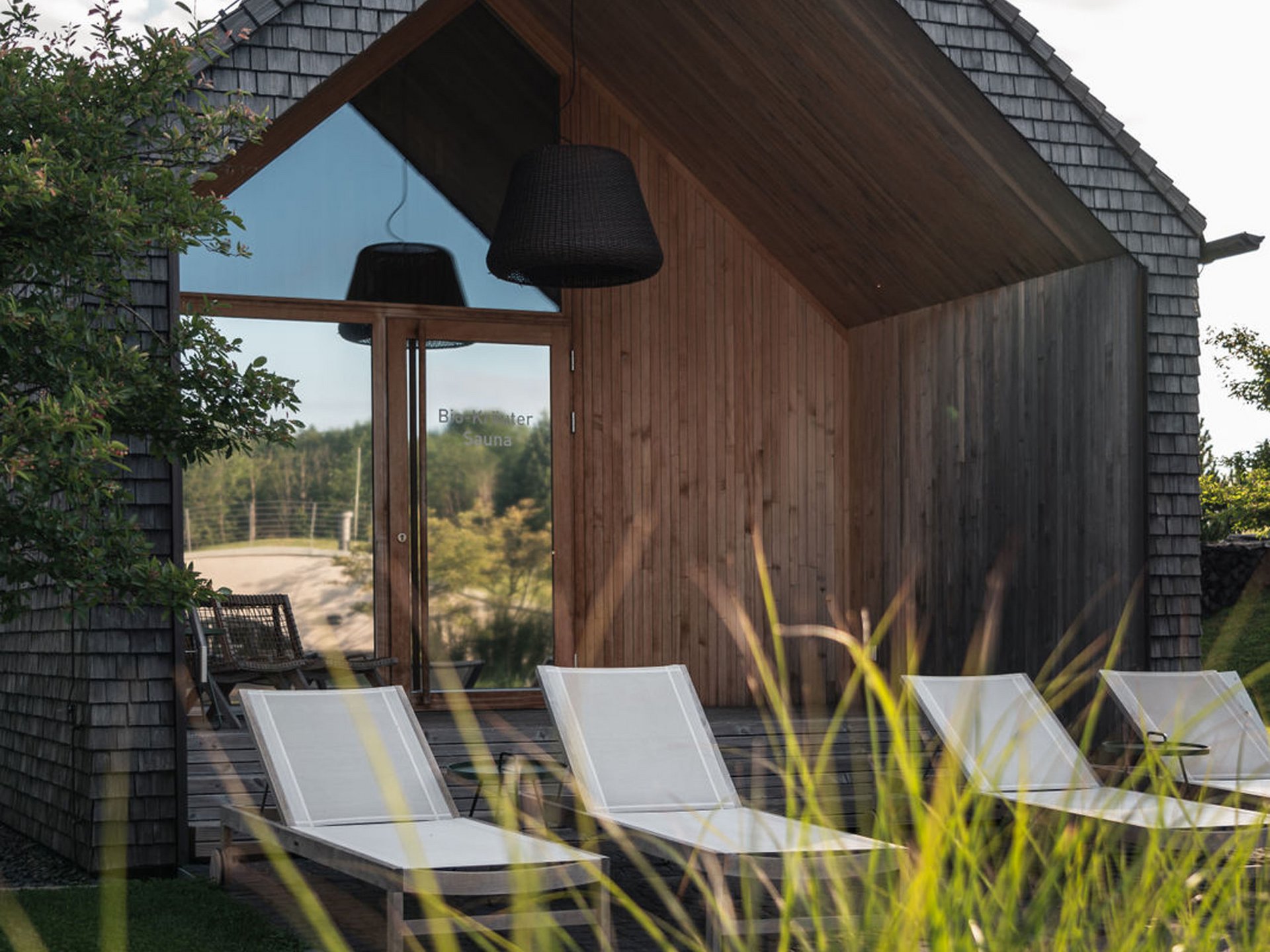Seezeitlodge: Bildergalerie Moderne Sauna mit Liegestühlen vor Holzfassade unter bewölktem Himmel