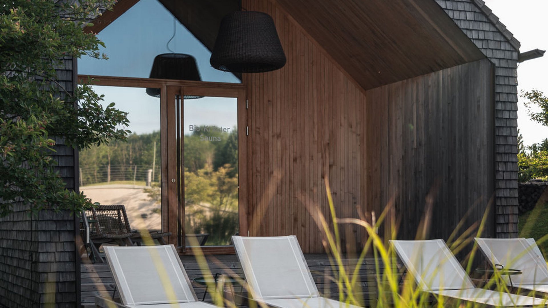 Seezeitlodge: Bildergalerie Moderne Sauna mit Liegestühlen vor Holzfassade unter bewölktem Himmel