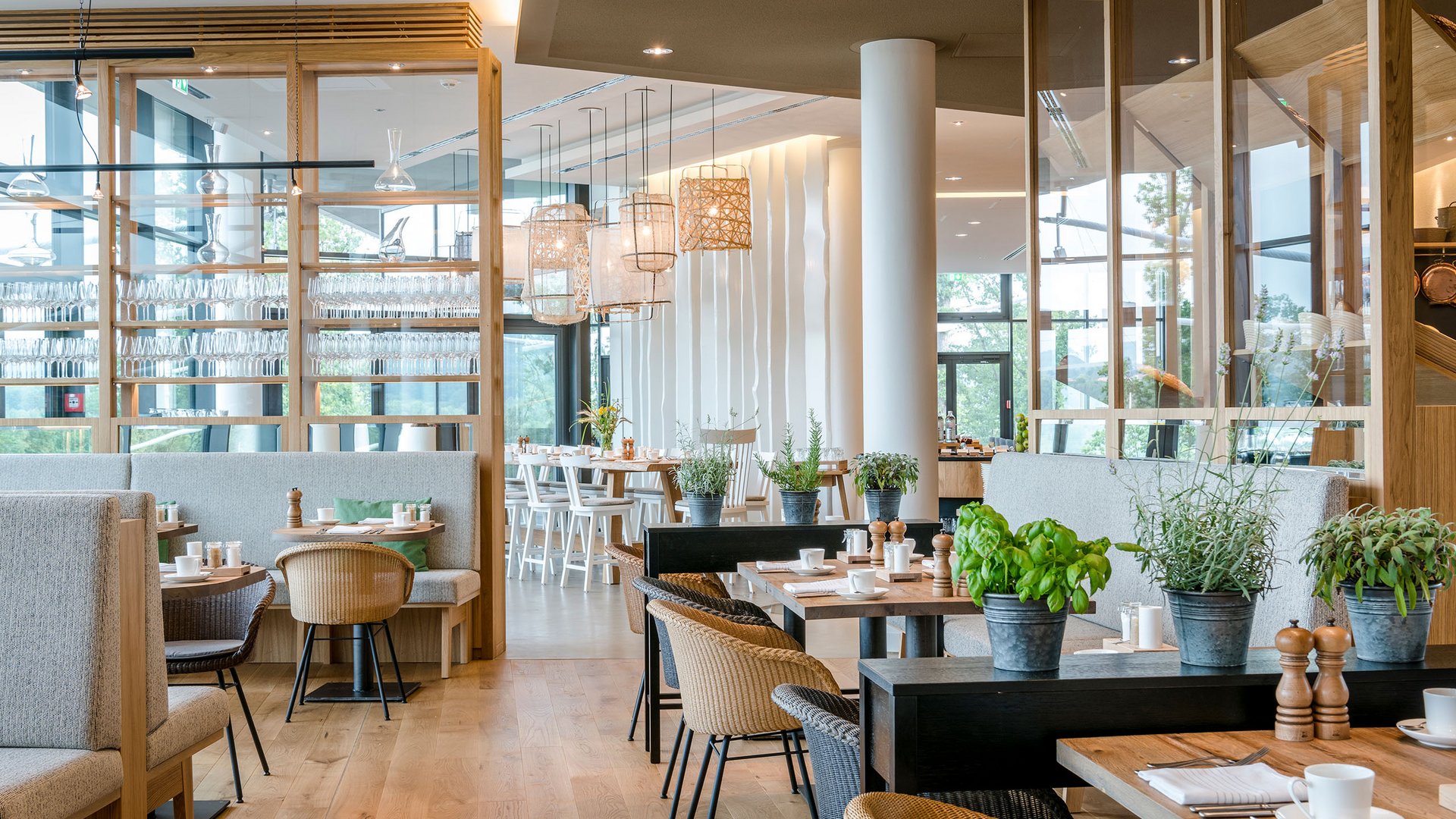 Seezeitlodge : Galerie photos Restaurant moderne lumineux avec plantes sur les tables et sièges confortables
