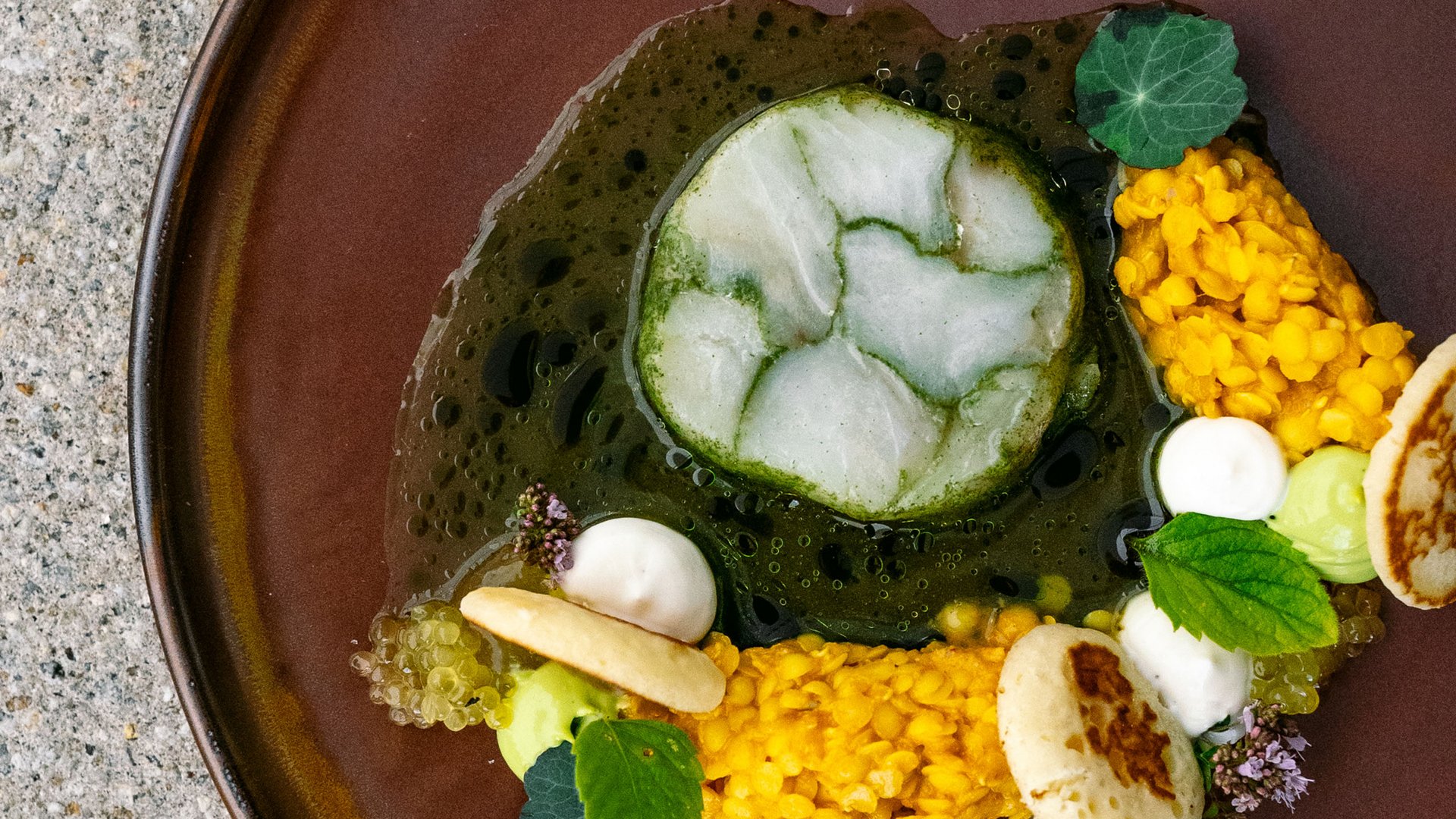 Seezeitlodge : Galerie photos Plat artistique avec sauce verte, lentilles jaunes et herbes sur assiette marron