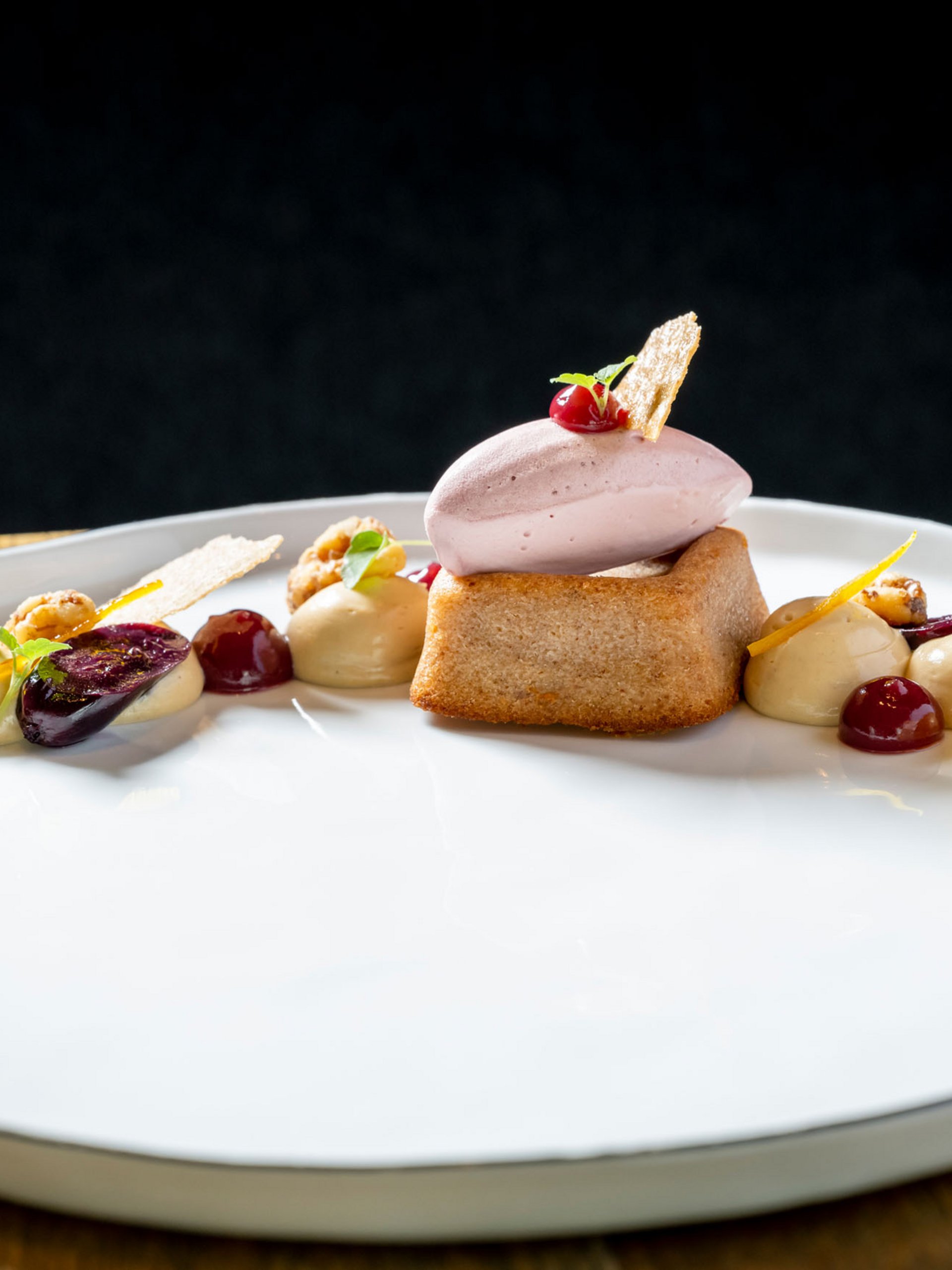 Seezeitlodge: Bildergalerie Elegantes Dessert mit Biskuit, Eis und Fruchtsoßen auf weißem Teller