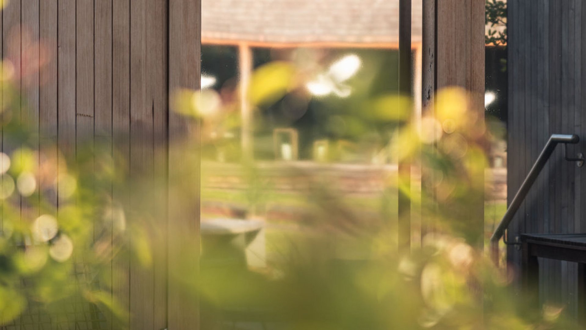 Seezeitlodge: Bildergalerie Glastür mit Aufschrift Kelten Sauna und Holzwand mit verschwommenen Pflanzen im Vordergrund