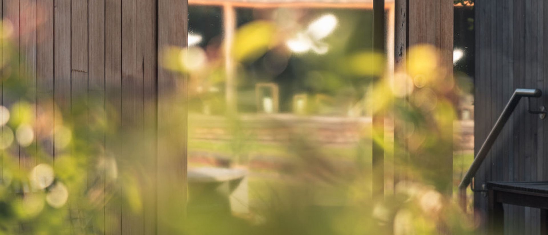 Seezeitlodge: Bildergalerie Glastür mit Aufschrift Kelten Sauna und Holzwand mit verschwommenen Pflanzen im Vordergrund