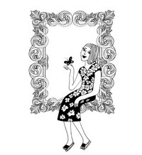 Family Nest Woman in floral dress sitting on ornate frame holding a butterfly