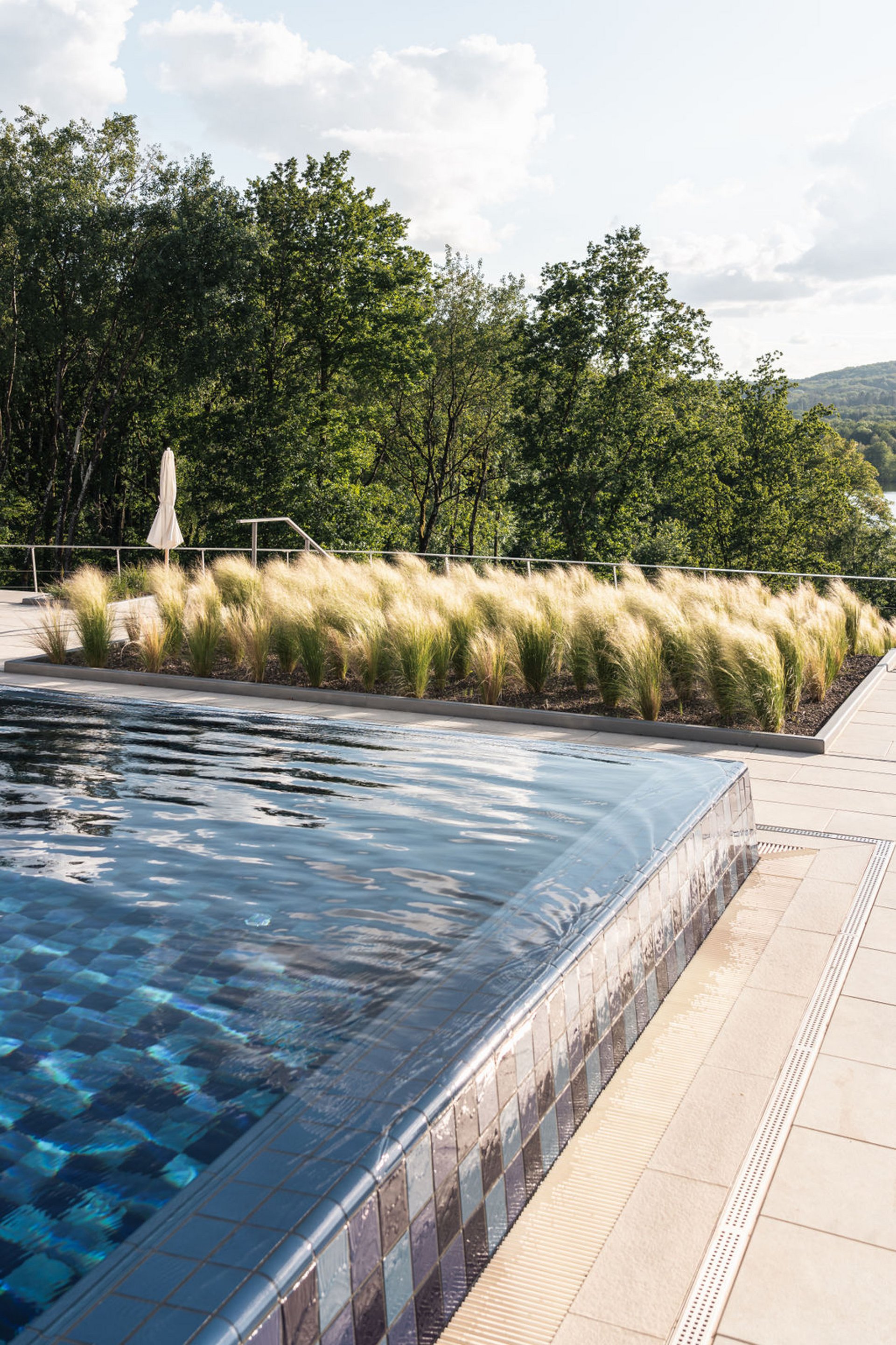Seezeitlodge : Galerie photos Piscine à débordement avec eau coulant et herbes devant des arbres sous la lumière du soleil