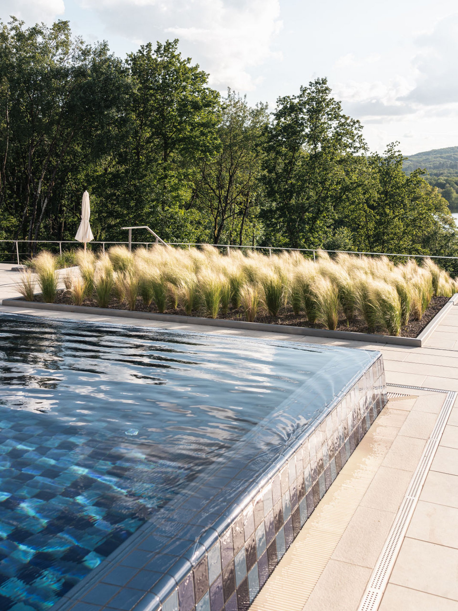 Seezeitlodge: Bildergalerie Infinity-Pool mit fließendem Wasser und Gräsern vor Bäumen bei Sonnenlicht