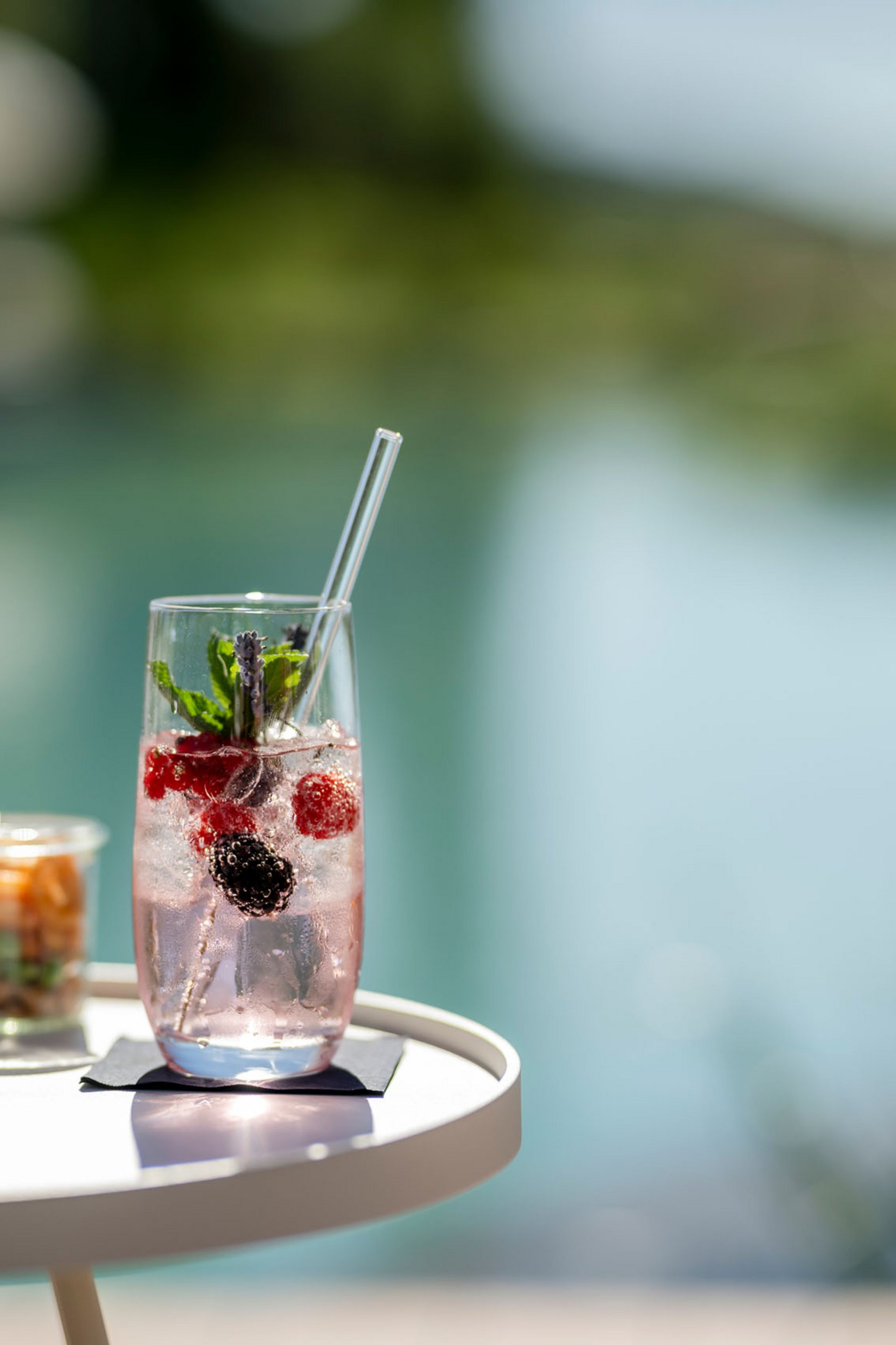 Seezeitlodge : Galerie photos Boisson rafraîchissante aux baies et à la menthe sur une table blanche au bord de l'eau