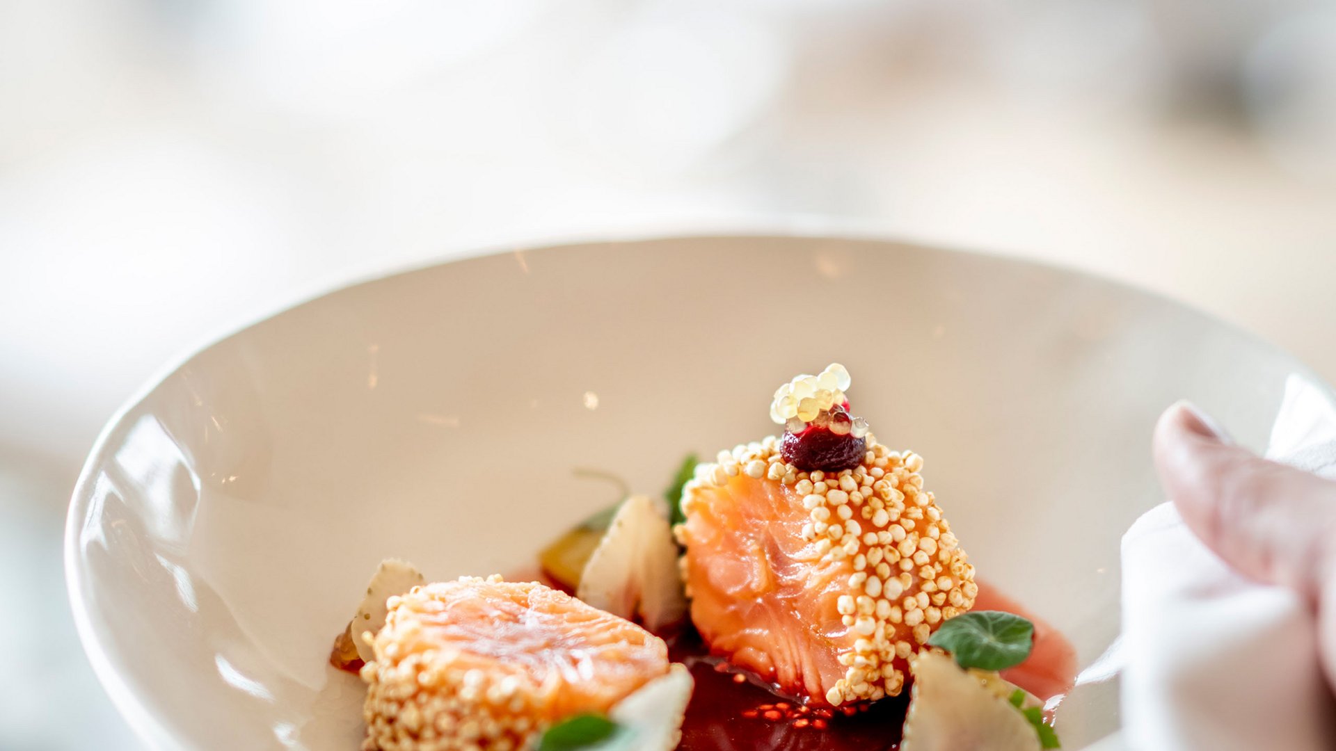 Seezeitlodge : Galerie photos Morçeaux de saumon délicats avec sauce et garniture dans une assiette blanche