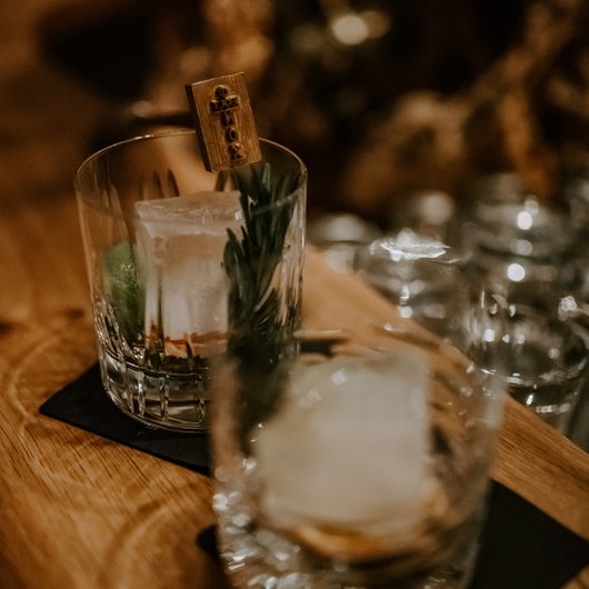 Seezeitlodge: unser Gin Zwei Gläser mit großen Eiswürfeln und Kräutern auf Holztisch