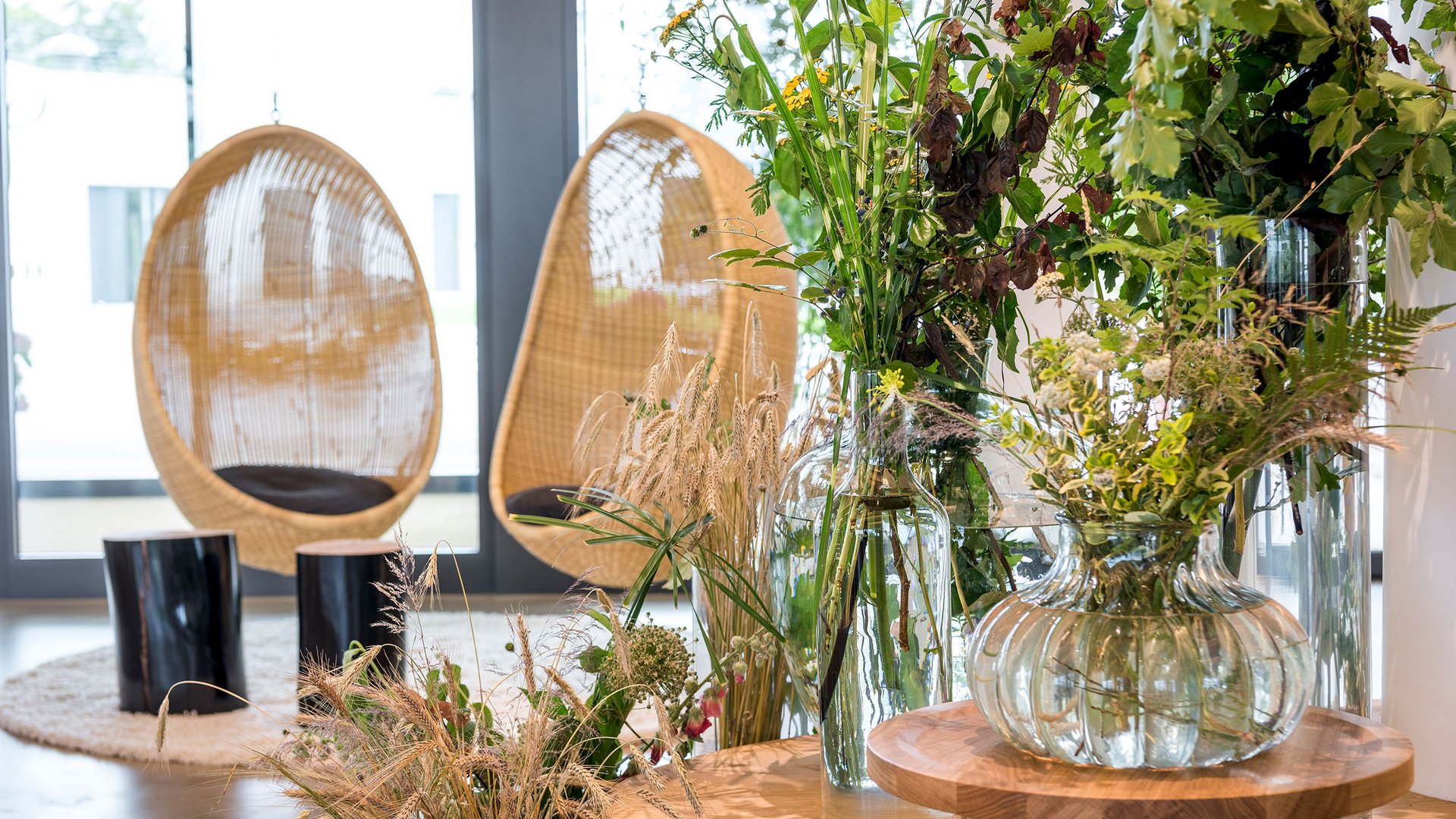 Seezeitlodge: Bildergalerie Moderner Innenraum mit Glasvasen und Pflanzen neben geflochtenen Hängestühlen