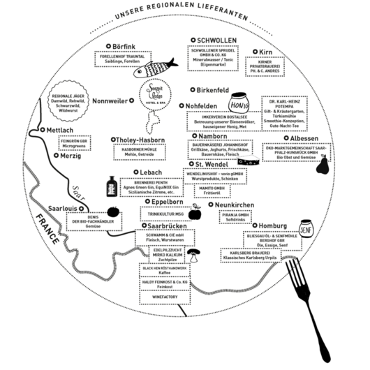 Between the forest and the lake: your place of power in Germany Map of regional suppliers for Seezeit Lodge Hotel & Spa
