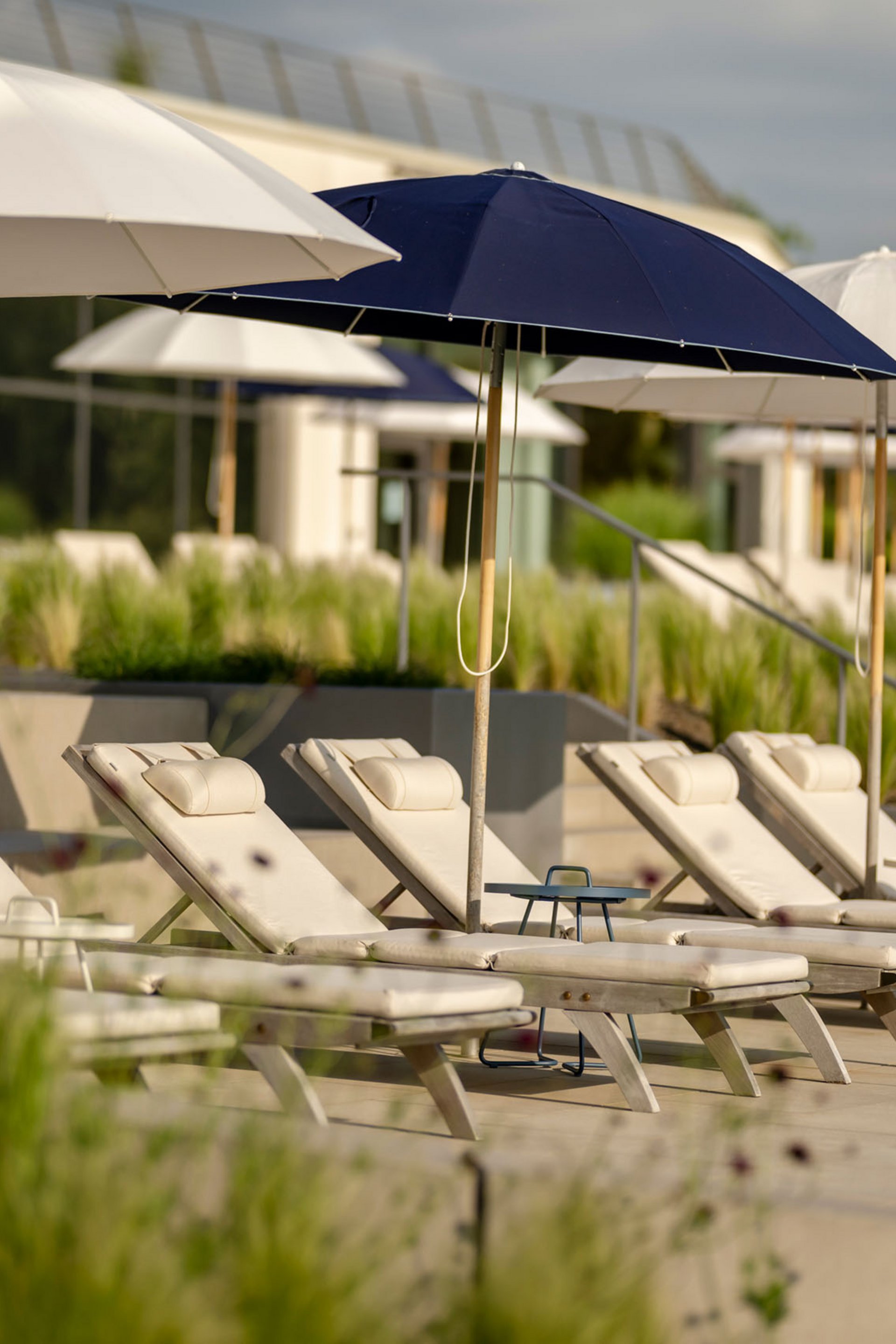 Seezeitlodge: Bildergalerie Leere Liegestühle mit Sonnenschirmen an einem sonnigen Poolbereich