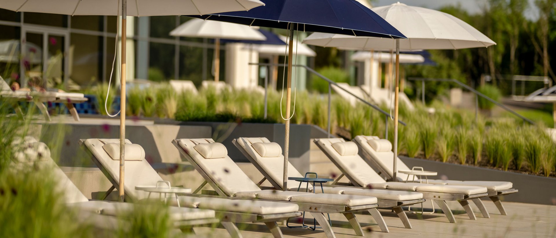 Seezeitlodge: Bildergalerie Leere Liegestühle mit Sonnenschirmen an einem sonnigen Poolbereich