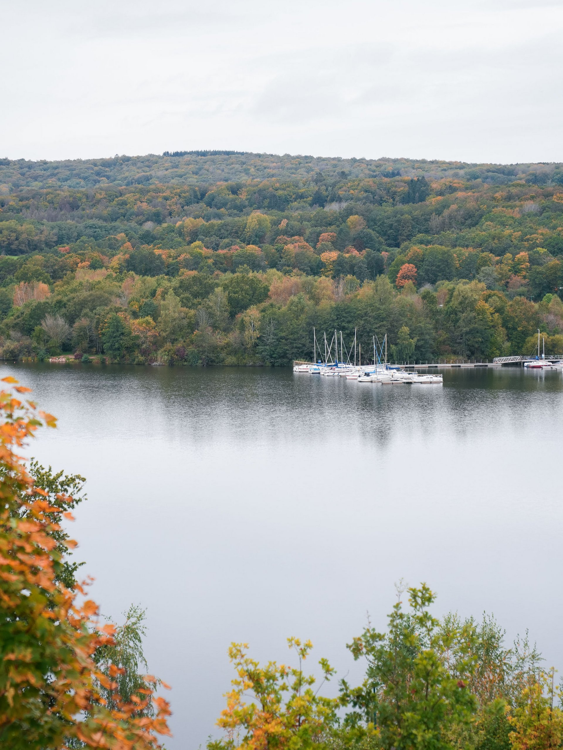 Seezeitlodge: Bildergalerie Herbstlicher See mit Yachten und bewaldeten Hügeln im Hintergrund